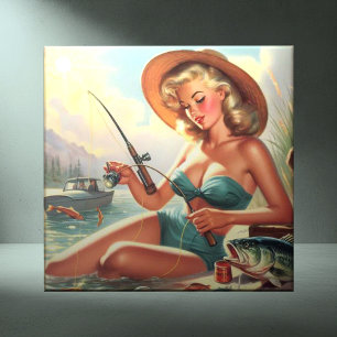 Vintage Fishing Pin Up Ceramic Tile