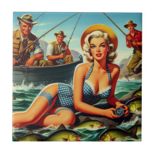 Vintage Fishing Pin Up Ceramic Tile
