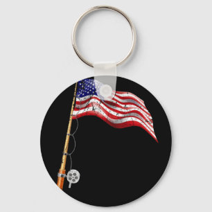 Vintage Fishing Rod American Flag Fishing USA Keychain