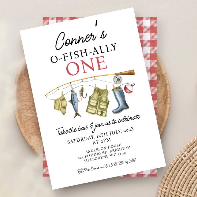Vintage Fishing Rod O-Fish-Ally One 1st Birthday  Invitation (Boys Fishing 1sy Birthday Invitation, O-fish-ally One Invite, The Big ONE, Fishing Birthday Party, )
