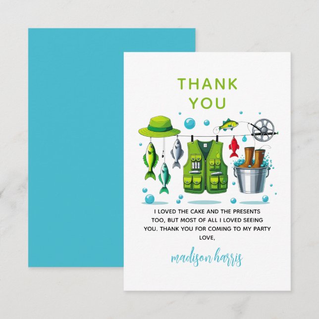 Vintage Fishing Rod "O-Fish-Ally One" 1st Birthday Thank You Card (Front/Back)