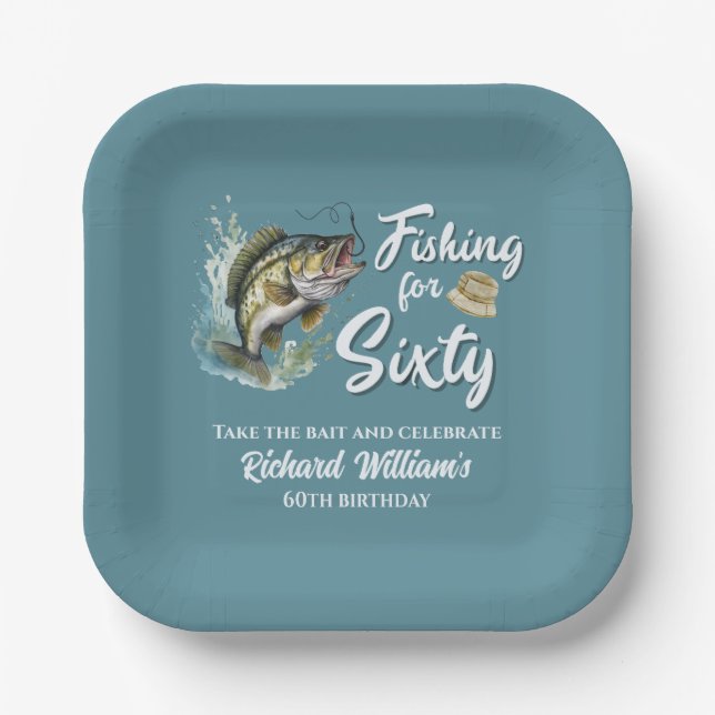 Vintage Fishing Themed 60th Birthday Party Paper Plates (Front)