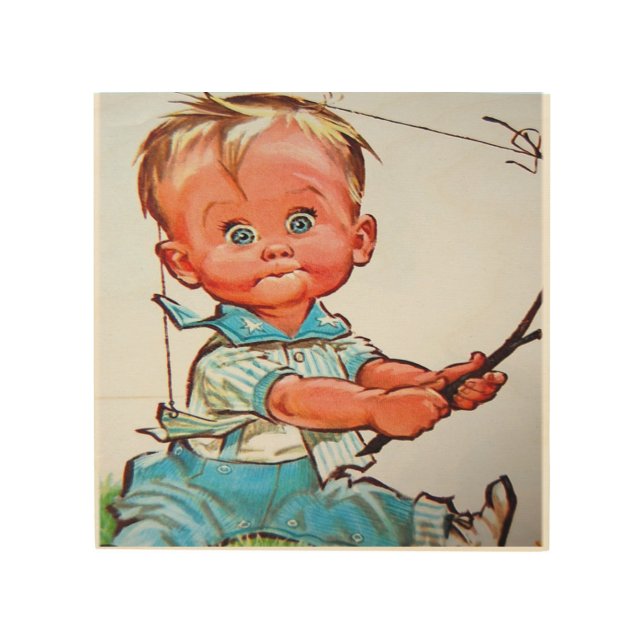 "Vintage Fishing Toddler" Wood Wall Art (Front)