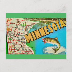 Vintage Fishy Map of Minnesota  Postcard