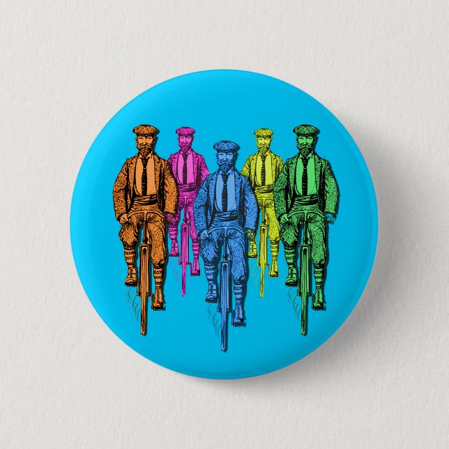 Vintage Five Fellas on Bikes Illustration Pinback Button (Front)