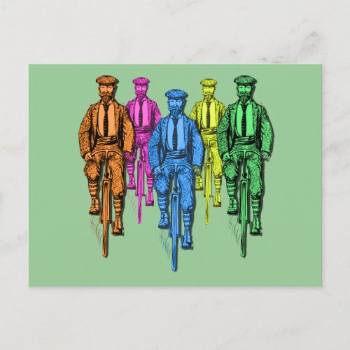 Vintage Five Fellas on Bikes Illustration Postcard