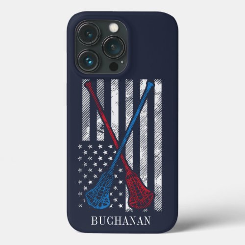 Vintage Flag and Lacrosse Bats Personalized iPhone 13 Pro Case