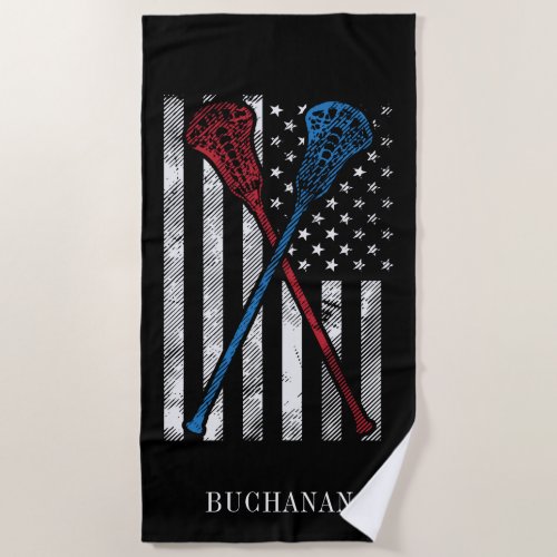 Vintage Flag and Lacrosse Bats Personalized Retro Beach Towel