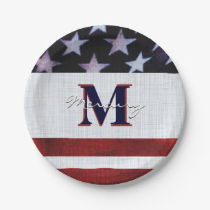  Vintage Flag Patriotic July 4th Custom Monogram 1 Paper Plates
