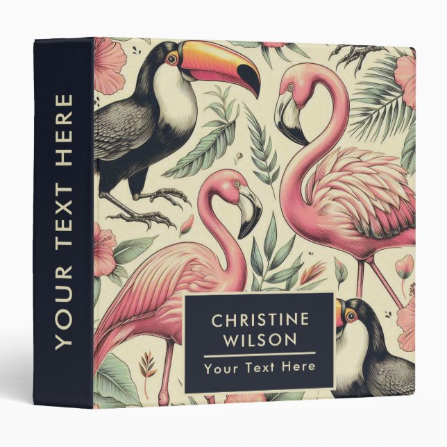 Vintage Flamingo and Toucan Seamless 3 Ring Binder (Front/Spine)