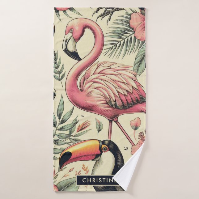 Vintage Flamingo and Toucan Seamless Bath Towel (Bath Towel)