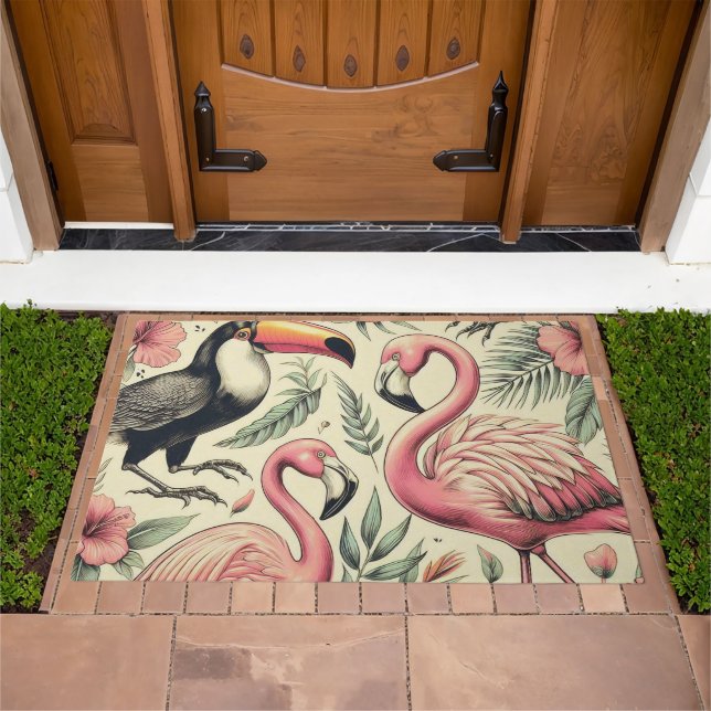 Vintage Flamingo and Toucan Seamless Doormat (Outdoor)