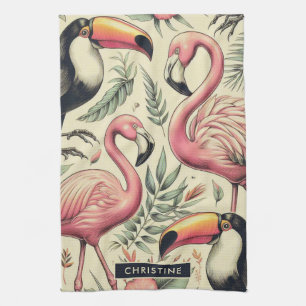 Vintage Flamingo and Toucan Seamless Kitchen Towel