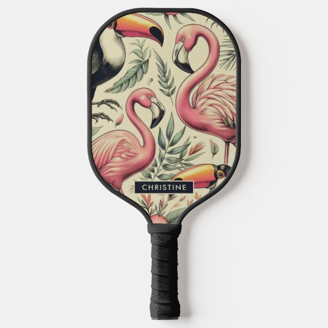 Vintage Flamingo and Toucan Seamless Pickleball Paddle (Front)