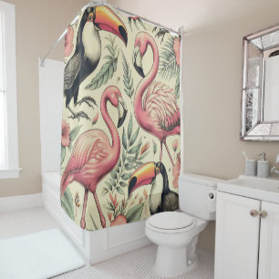 Vintage Flamingo and Toucan Seamless Shower Curtain