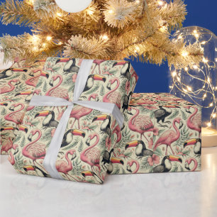 Vintage Flamingo and Toucan Seamless Wrapping Paper