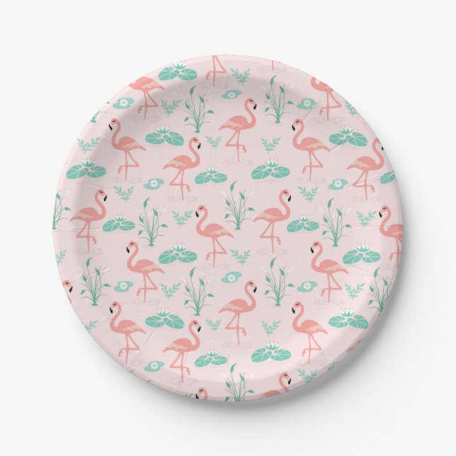 Vintage Flamingo and Water Lily Pattern Paper Plates (Front)