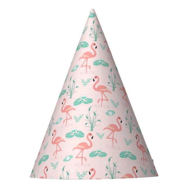 Vintage Flamingo and Water Lily Pattern Party Hat (Front)