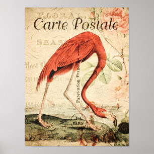 Vintage Flamingo Bird French Floral Poster