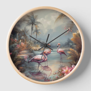 Vintage Flamingo Botanical Art Customizable Wall  Clock