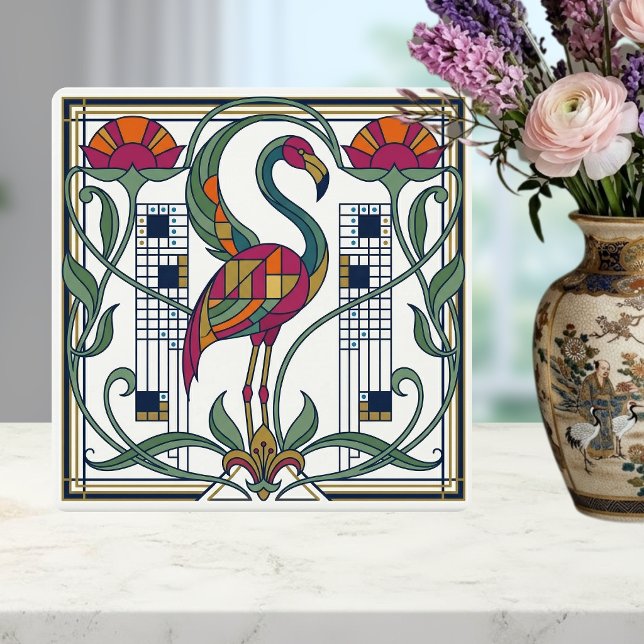 Vintage Flamingo Floral Geometric Pattern Ceramic Tile (Creator Uploaded)