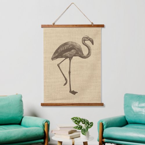 Vintage Flamingo Illustration on Burlap  Hanging Tapestry