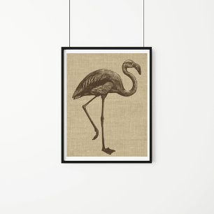 Vintage Flamingo Illustration on Burlap Poster