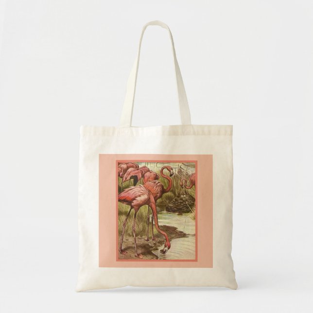 Vintage Flamingo Illustration Print Canvas Tote  (Front)