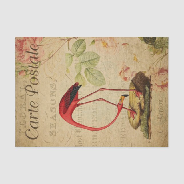 Vintage Flamingo Roses French Ephemera Decoupage Tissue Paper (Front)