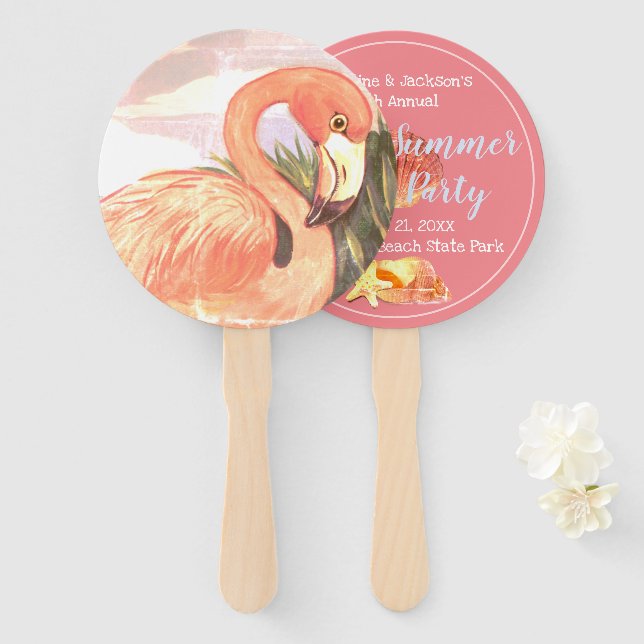 Vintage Flamingo Seashells Summer Party Favor Hand Fan (Front and Back)