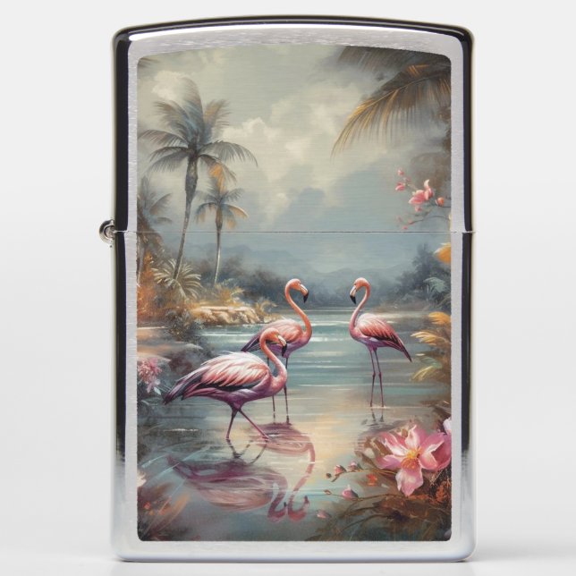 Vintage Flamingo Tropical Botanical Art Zippo Lighter (Front)