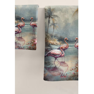 Vintage Flamingo Tropical Lagoon Florida Art Bath Towel Set