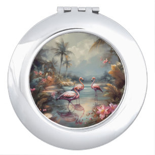 Vintage Flamingo Tropical Lagoon Florida Art Compact Mirror