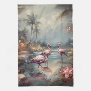 Vintage Flamingo Tropical Lagoon Florida Art Kitchen Towel