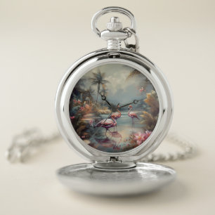 Vintage Flamingo Tropical Lagoon Florida Art Pocket Watch
