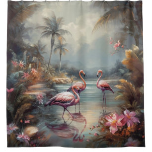 Vintage Flamingo Tropical Lagoon Florida Art Shower Curtain