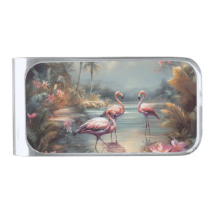 Vintage Flamingo Tropical Lagoon Florida Art Silver Finish Money Clip