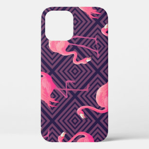 Vintage flamingos, purple geometric background. iPhone 12 case