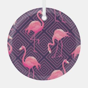 Vintage flamingos, purple geometric background. glass ornament