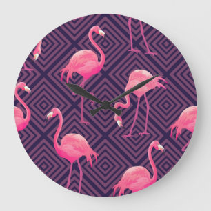 Vintage flamingos, purple geometric background. large clock