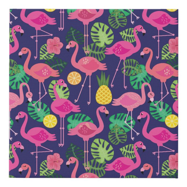 Vintage flamingos, summer elements pattern faux canvas print (Front)