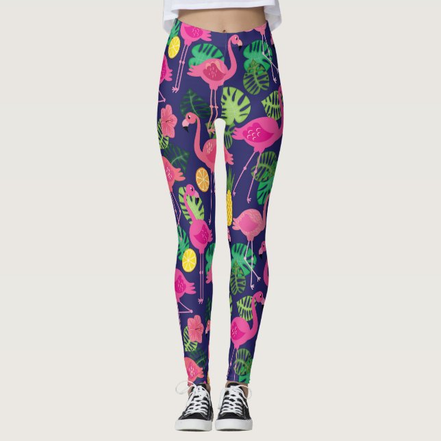Vintage flamingos, summer elements pattern leggings (Front)