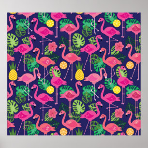 Vintage flamingos, summer elements pattern poster