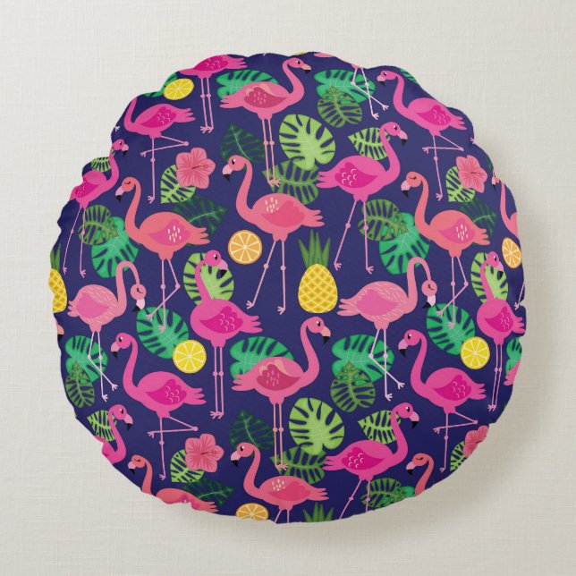 Vintage flamingos, summer elements pattern round pillow (Front)
