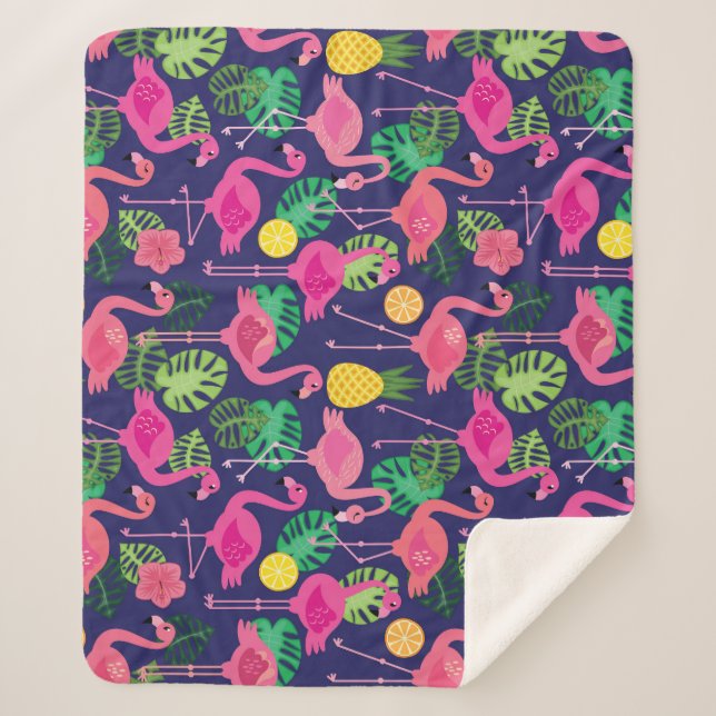 Vintage flamingos, summer elements pattern sherpa blanket (Front)
