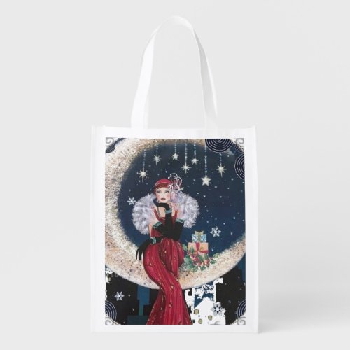 Vintage Flapper Art Deco Woman on Crescent Moon Grocery Bag