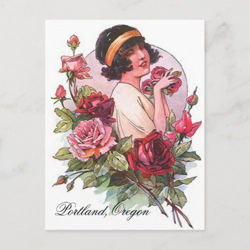 VINTAGE Flapper W Roses Portland OR POSTCARD