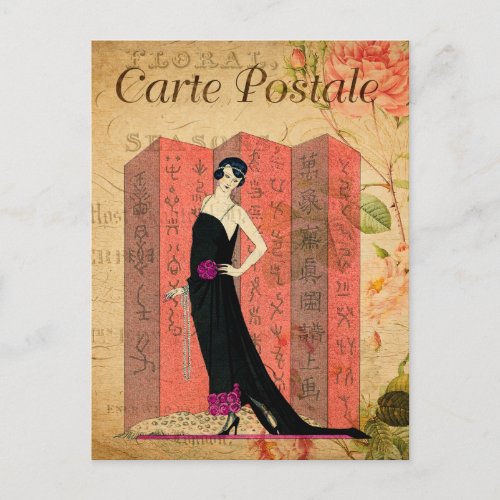 Vintage Flapper Woman in Black Dress Floral French Postcard