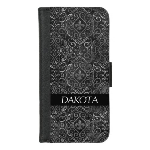 Vintage Fleur de Lis  Black Grunge Damask Custom iPhone 87 Wallet Case