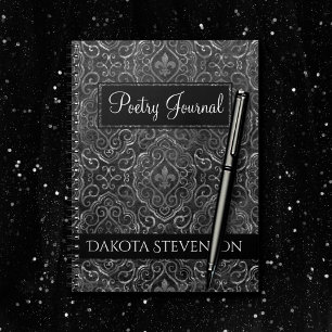 Vintage Fleur de Lis Black Grunge Damask Poetry Notebook